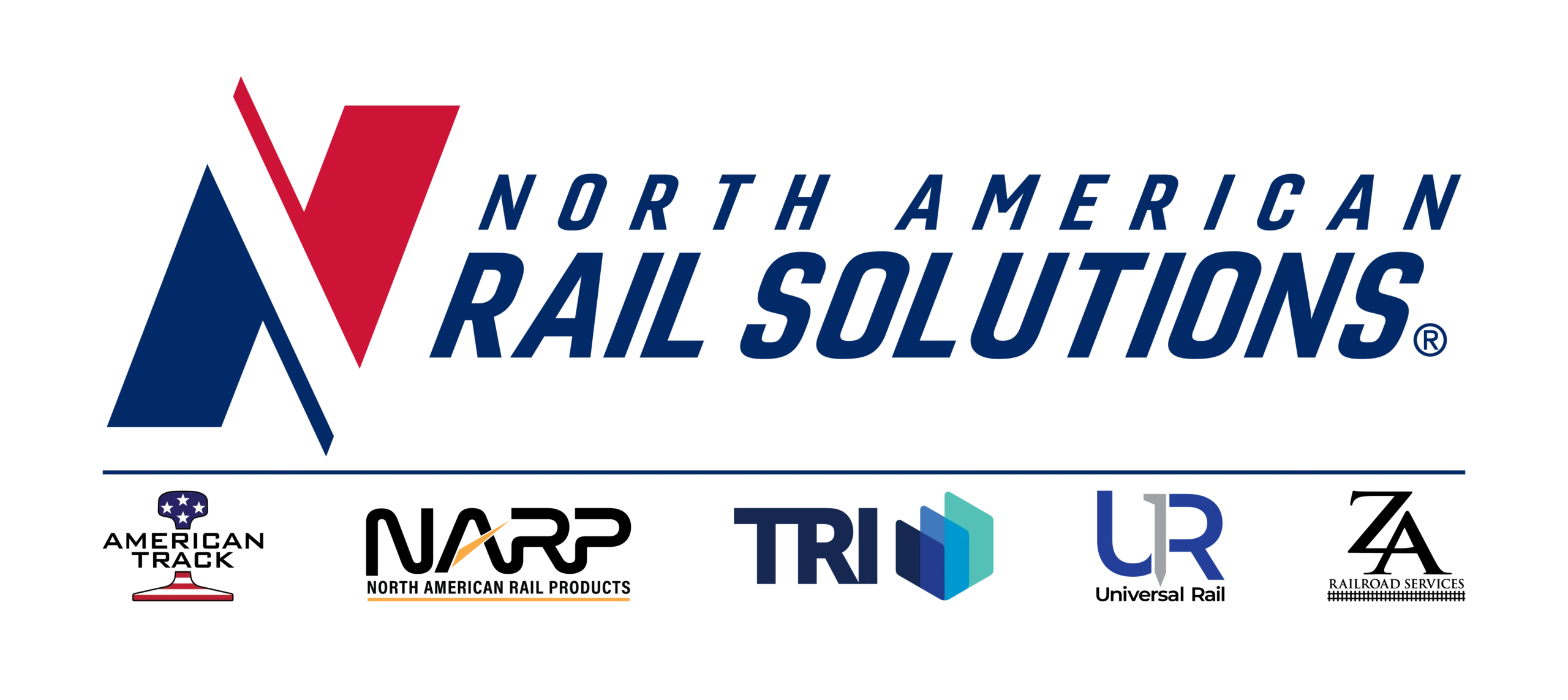 Logo for North American Rail Solutions with a red and navy graphic and text. Below are four company logos: a railroad crossing, a gold rail, TRI with blue shapes, and URS in gray letters.